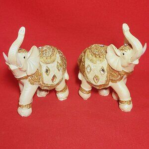 Decorated Elephant Trunk Up Statue Figurine Home Decor Set of 2